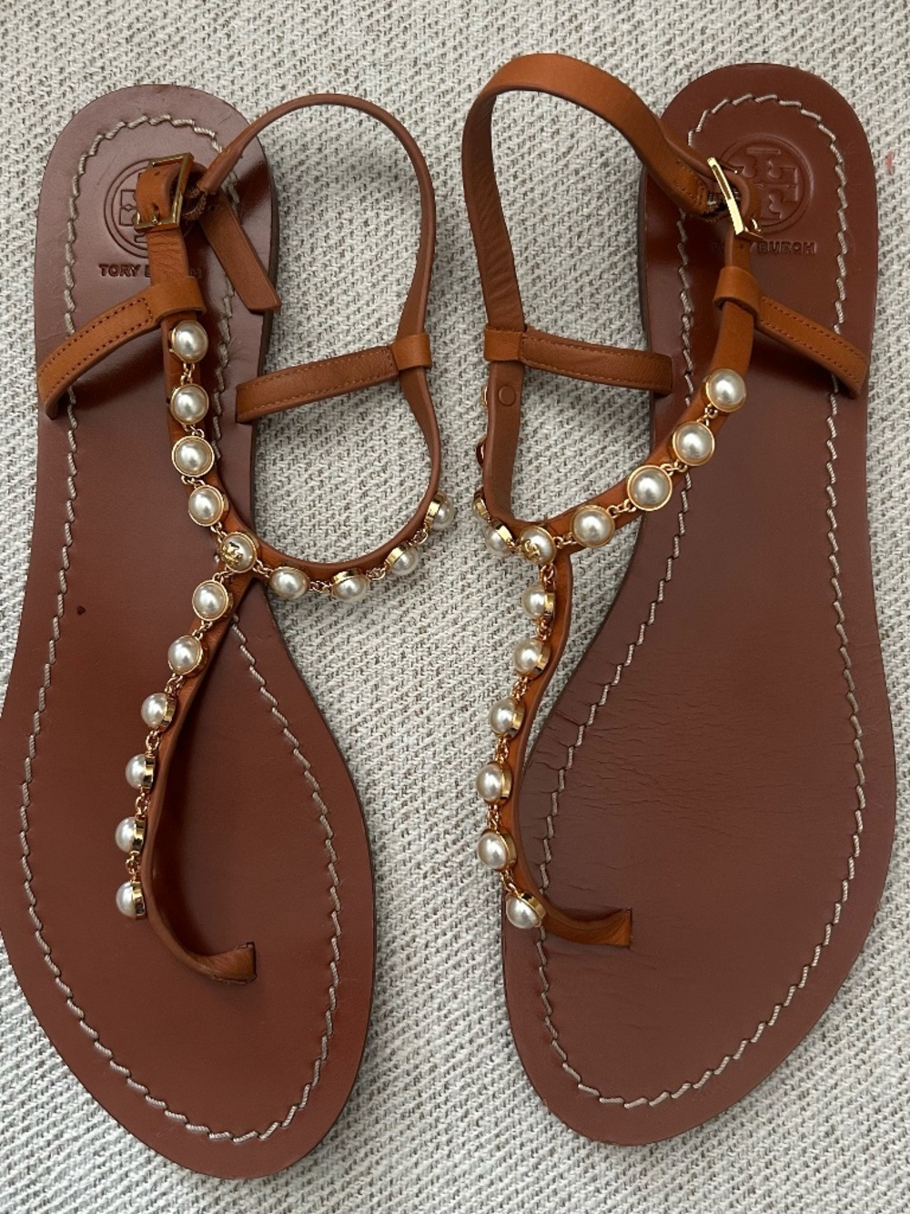 Tory Burch Emmy Pearl Studded Leather T-Strap Sandals Tan Size 10.5